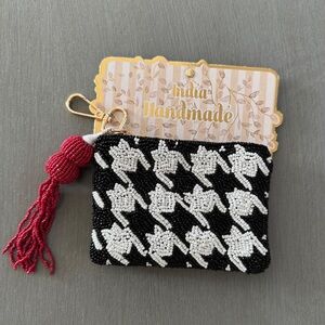 Handmade Black and White Beaded Card Holder with Red Tassel